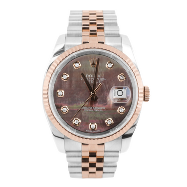Rolex 116231 Datejust 36 mm watch with 18K Rose Gold Black MOP Dial Jubilee Bracelet Box and Papers 2018 on a white background