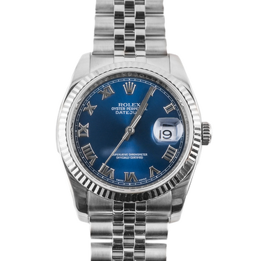Rolex 116234 Datejust 36 mm Blue Roman Dial Jubilee Bracelet Box and Papers 2007 on a white background
