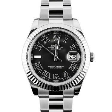 Rolex 116334 Datejust II 41 mm 18K White Gold Fluted Bezel Charcoal Roman Dial Oyster Bracelet Box and Papers 2012