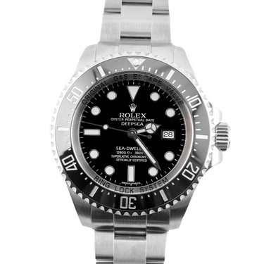Rolex Deepsea Sea-Dweller watch with black dial and silver metal case on a white background
