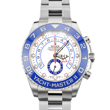 Rolex Yacht-Master II watch with blue and silver design on a white background