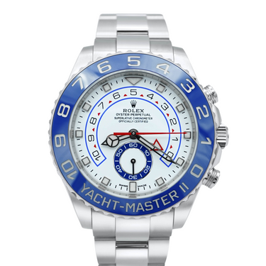 Rolex 116680 Yacht-Master II 44 mm White Dial Blue Ceramic Bezel Box and Papers 2022 watch on a white background
