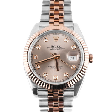 Two tone silver and rose gold Rolex Datejust 41 mm watch with pink dial and Jubilee Bracelet on a white background