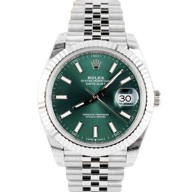 Rolex 126334 Datejust 41 mm watch with 18k White Gold Mint Green Dial Jubilee Bracelet Box and Papers 2025 on white background