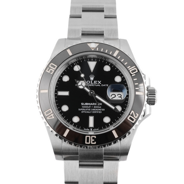 stainless steel Rolex submariner watch with black dial on a white background