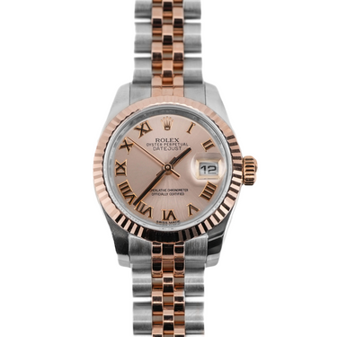 Rolex 179171 Lady-Datejust 26mm watch with Pink Roman Dial and two tone silver and rose gold Jubilee Bracelet on white background