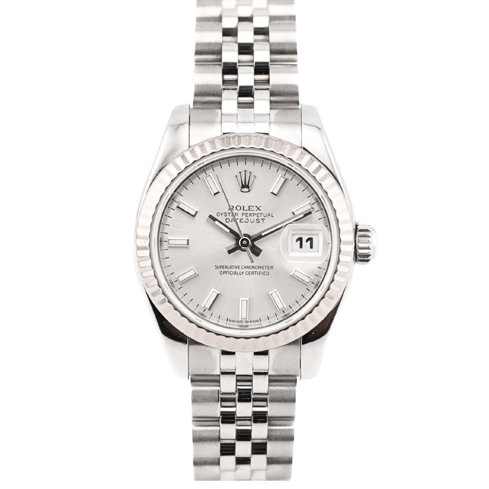Rolex 179174 Lady-Datejust 26 mm Fluted Bezel Silver Dial Jubilee