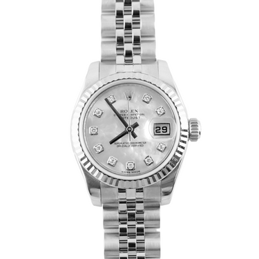 Silver watch with diamond-studded face on a white background