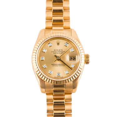 Rolex 179178 Lady-Datejust 26 mm Champagne Diamond Dial President Bracelet with Box 2002 on a white background