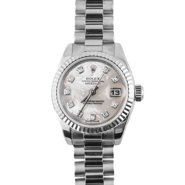 Silver Rolex watch with a white face on a white background
