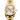 Gold Rolex watch with a white face on a white background