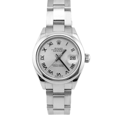 Rolex 279160 Lady-Datejust 28 mm Smooth Bezel Silver Dial Oyster Bracelet Box and Papers 2022 on a white background