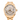 Gold Rolex watch with a white face on a white background