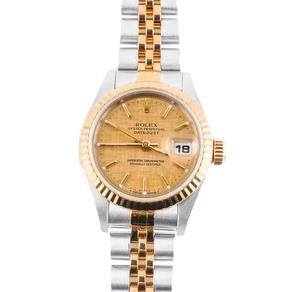 ROLEX DATEJUST 69173G 金属コマ 2コマ Rolex 69173 Lady-Datejust 26 mm Champagne Linen Stick Dial Jubilee