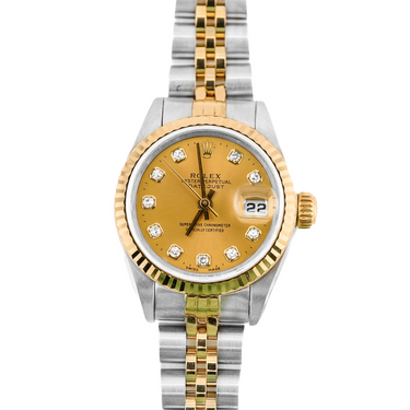 Two tone silver and gold Rolex Lady-Datejust 26 mm watch with Champagne Diamond Dial and Jubilee Bracelet on a white background