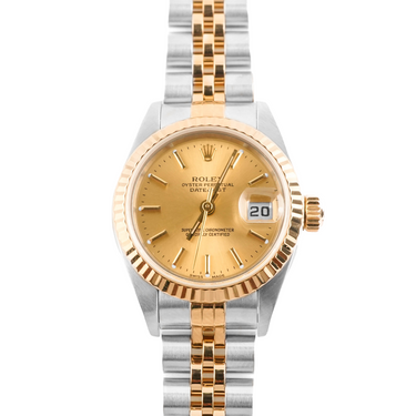 Rolex watch with gold and silver band on a white background
