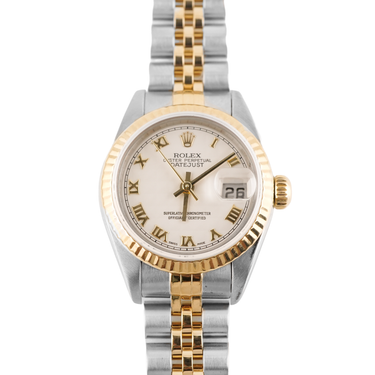 Two-tone Rolex watch with gold and silver band on a white background