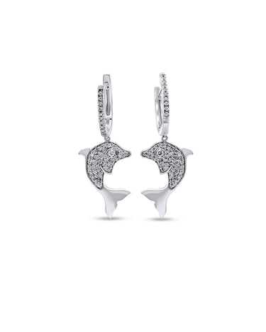 Shop captivating 14K white gold mini diamond dolphin earrings featuring 0.40 carats of sparkling diamonds. A playful and elegant ocean-inspired design. Available now at ECI Jewelers.