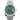 Silver Rolex watch with green dial on a white background