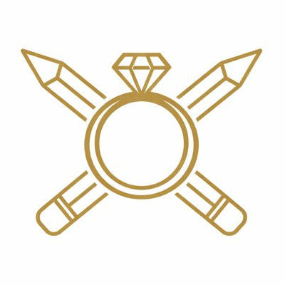 Gold ring with crossed pencils icon on a white background