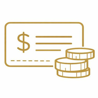 Gold icon of a bank card with a dollar sign and three coins on a white background