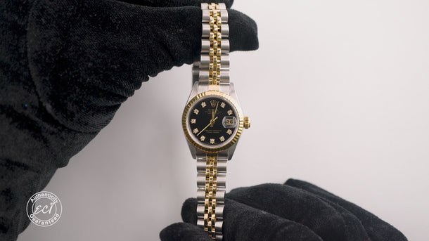 Rolex 69173 Lady-Datejust 26 mm Black Dial Jubilee Bracelet Box and Papers 1991