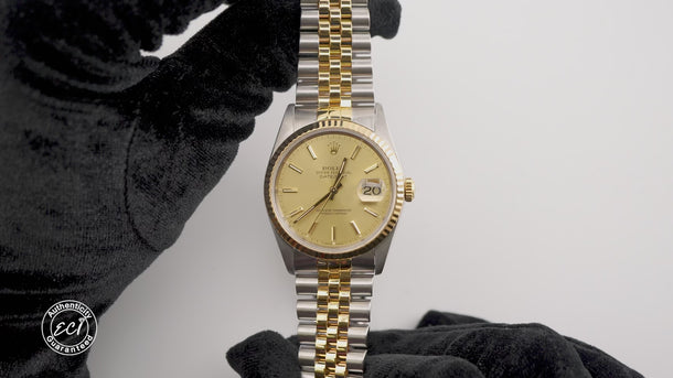 Rolex 16233 Datejust 36 mm Champagne Dial Jubilee Bracelet Box and Papers 1989