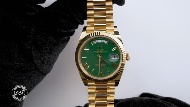 Rolex 228238 Day-Date 40mm 18K Yellow Gold Green Roman Dial Box and Papers 2026