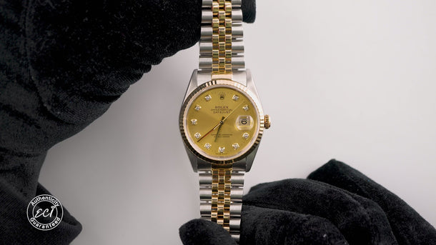 Rolex 16233 Datejust 36 mm Champagne Diamond Dial Jubilee Bracelet Box 2002