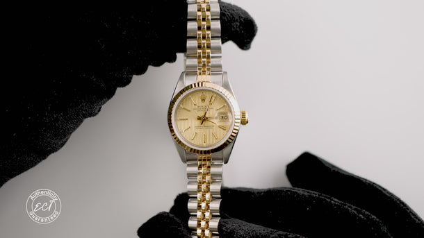 Rolex 69173 Lady-Datejust 26 mm Champagne Linen Index Dial Box and Papers 1988