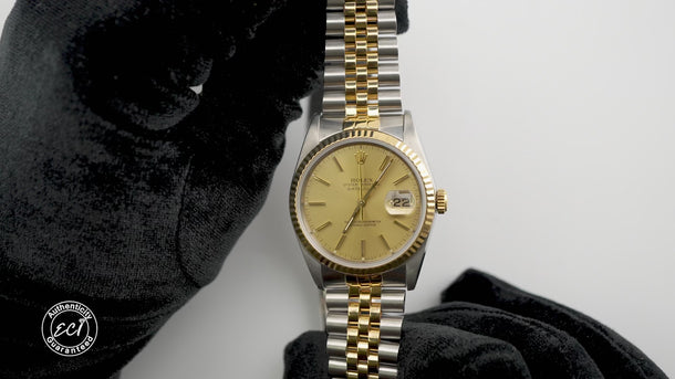 Rolex 16233 Datejust 36 mm Champagne Dial Jubilee Bracelet Box and Papers 1989