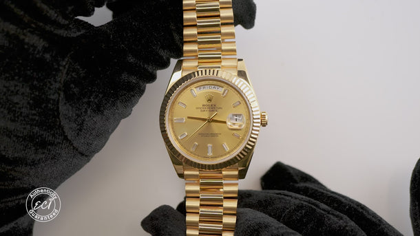 Rolex 228238 Day-Date 40 mm Champagne Baguette Diamond Dial President Box 2020