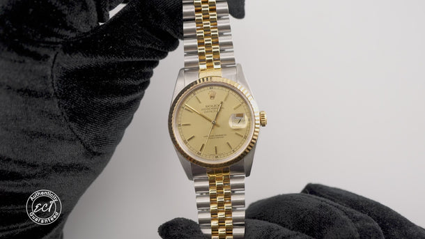 Rolex 16233 Datejust 36 mm Champagne Dial Jubilee Bracelet Box and Papers 1990