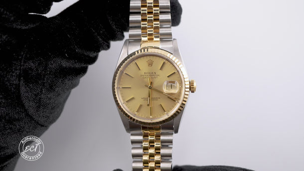Rolex 16233 Datejust 36 mm Champagne Dial Jubilee Bracelet Box and Papers 1994