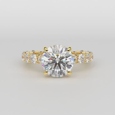 14K yellow gold round diamond engagement ring on a white background