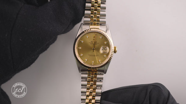 Rolex 16233 Datejust 36 mm Champagne Diamond Dial Jubilee Bracelet Box 1994