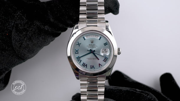 Rolex 218206 Day-Date II 41 mm Ice Blue Roman Dial Platinum Box and Papers 2015