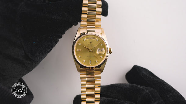 Rolex 18238 Day-Date 36mm Champagne Diamond Dial President Bracelet 1994 with Box with a white background