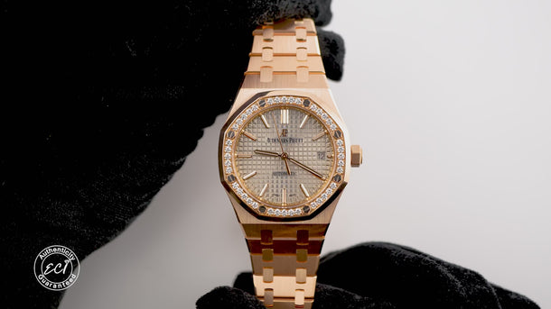 Audemars Piguet Royal Oak 37mm 18K RG Diamond Bezel White Dial Box & Papers 2017