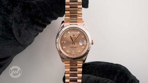Rolex 218235 Day-Date II 41mm Watch with Rose Gold Sundust Diamond Dial and President Bracelet Bon a white ackground