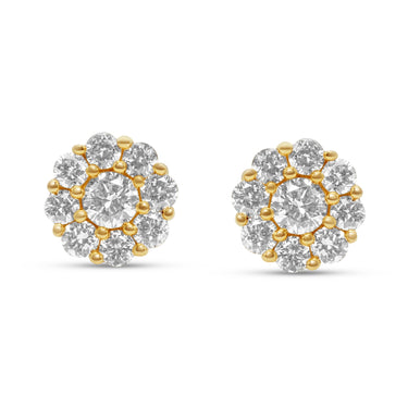 14K Yellow Gold Round Diamond Cluster Stud Earrings 1.02 CT