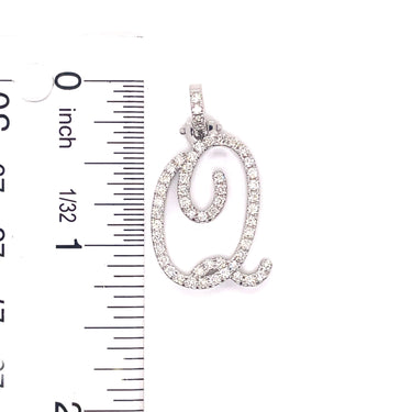 14k White Gold Large Diamond Initial "Q" Pendant with Chain 0.94 Ctw