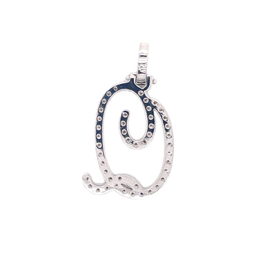14k White Gold Large Diamond Initial "Q" Pendant with Chain 0.94 Ctw