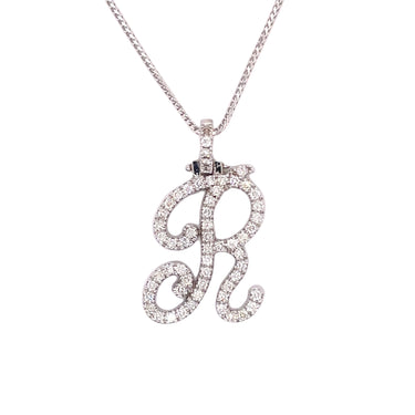 14k White Gold Large Diamond Initial "R" Pendant with Chain 0.98 Ctw