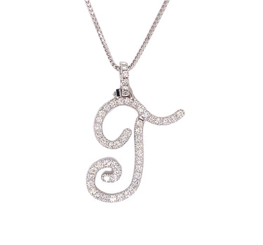 14k White Gold Large Diamond Initial "T" Pendant with Chain 0.95 Ctw