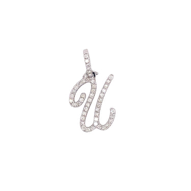 14k White Gold Small Diamond Initial "U" Pendant with Chain 0.68 Ctw