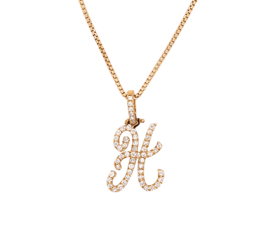 14k Yellow Gold Small Diamond Initial "H" Pendant with Chain 0.77 Ctw