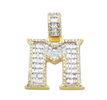 14k Yellow Gold Baguette Diamond Initial Letter "M" Pendant  1.42 Ctw