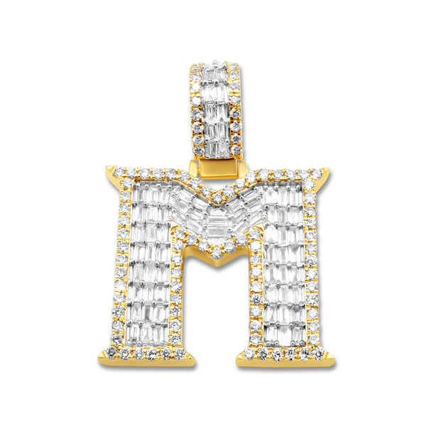 14k Yellow Gold Baguette Diamond Initial Letter "M" Pendant  1.42 Ctw