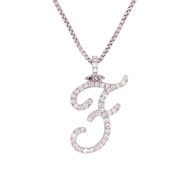 14k White Gold Large Diamond Initial "F" Pendant with Chain 1.01 Ctw